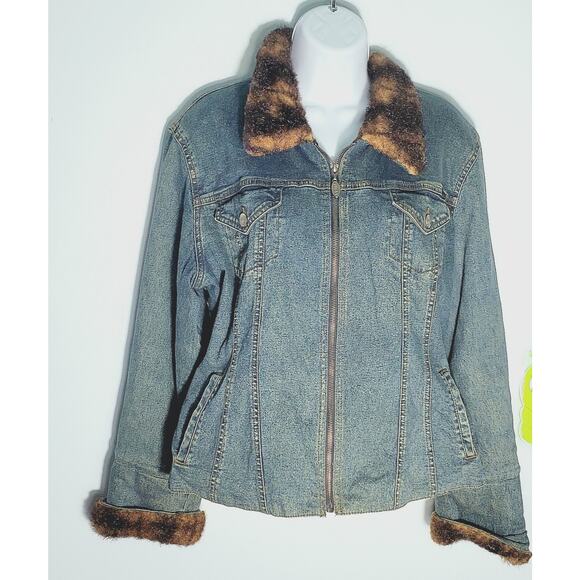 Vintage Mudd Lined Denim Jacket Faux Fur accent Size XL Y2K Penny Lane Glam Boho - Picture 1 of 8